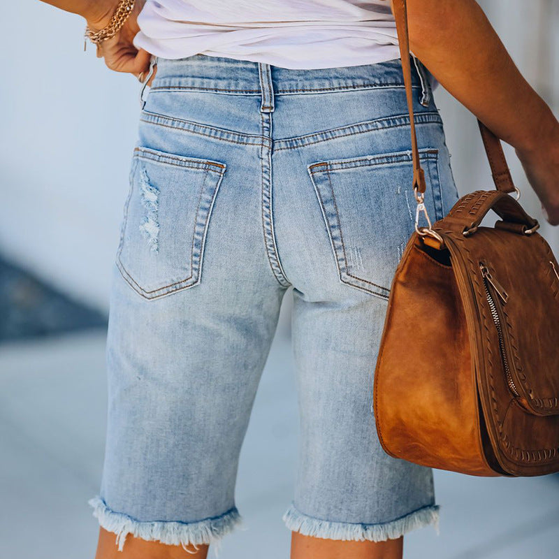 Mid-Rise Ripped Bermuda Denim Shorts