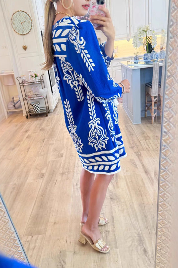 Printed Tassel V-Neck Shift Dress
