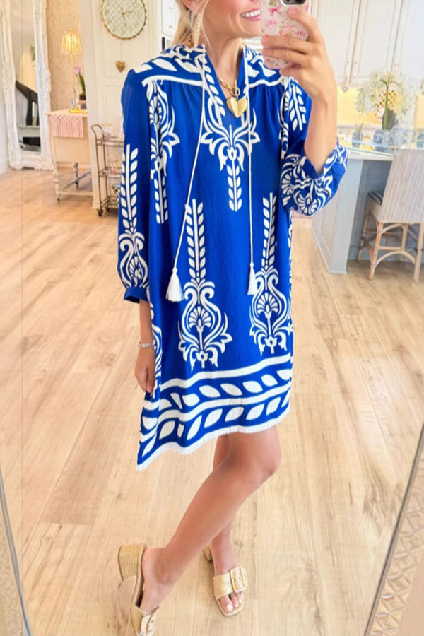 Printed Tassel V-Neck Shift Dress