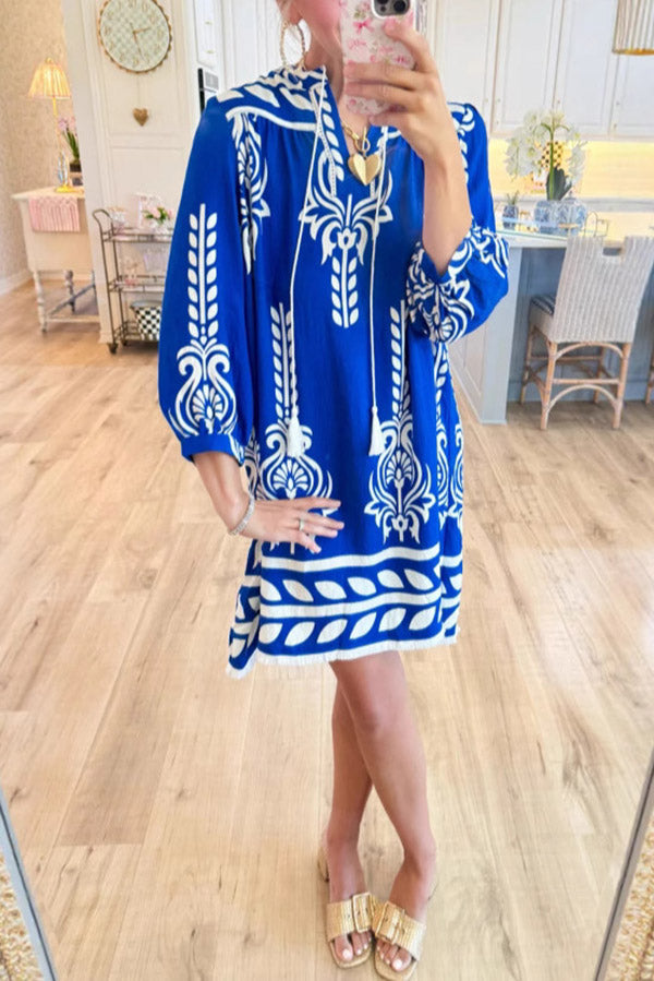 Printed Tassel V-Neck Shift Dress