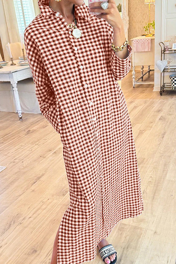 Gingham Plaid Button Down Maxi Dress