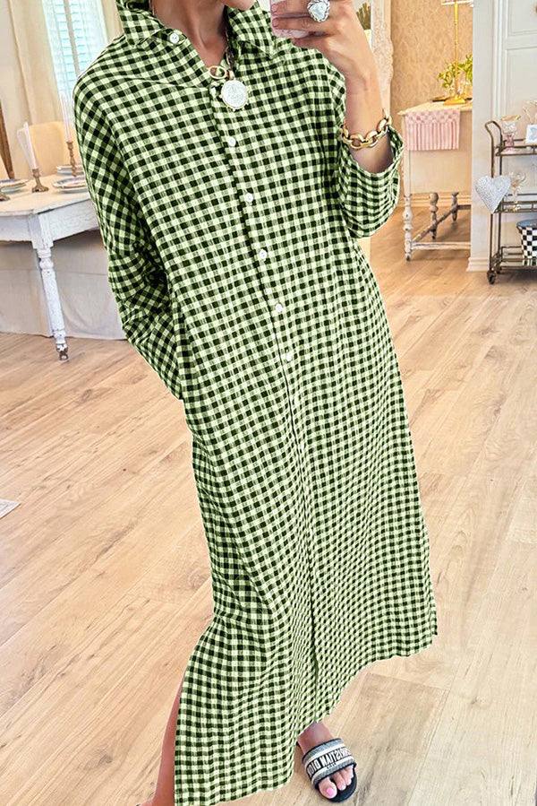 Gingham Plaid Button Down Maxi Dress