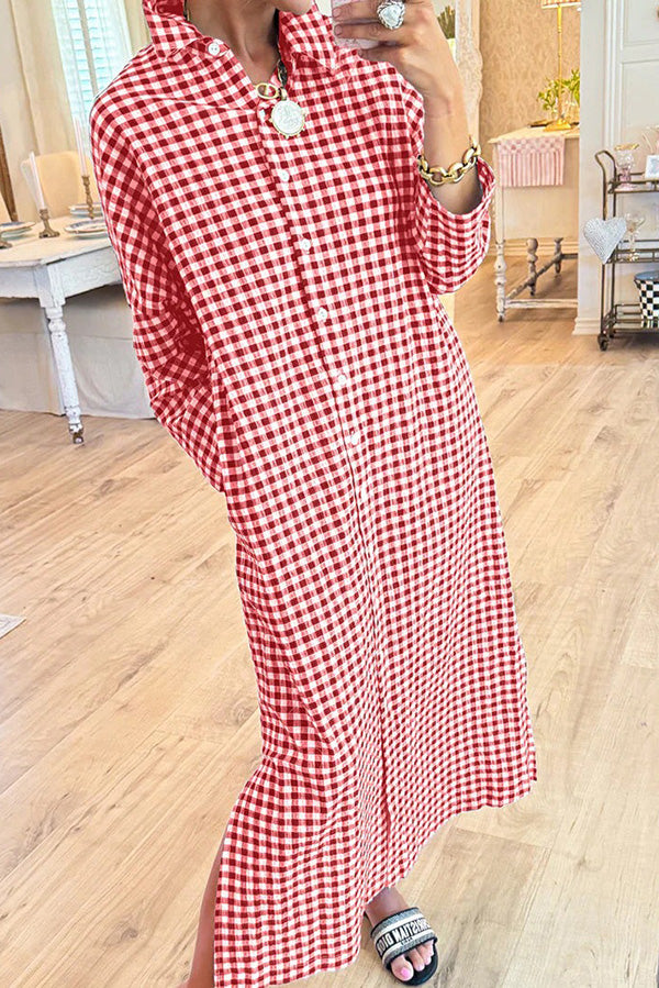 Gingham Plaid Button Down Maxi Dress