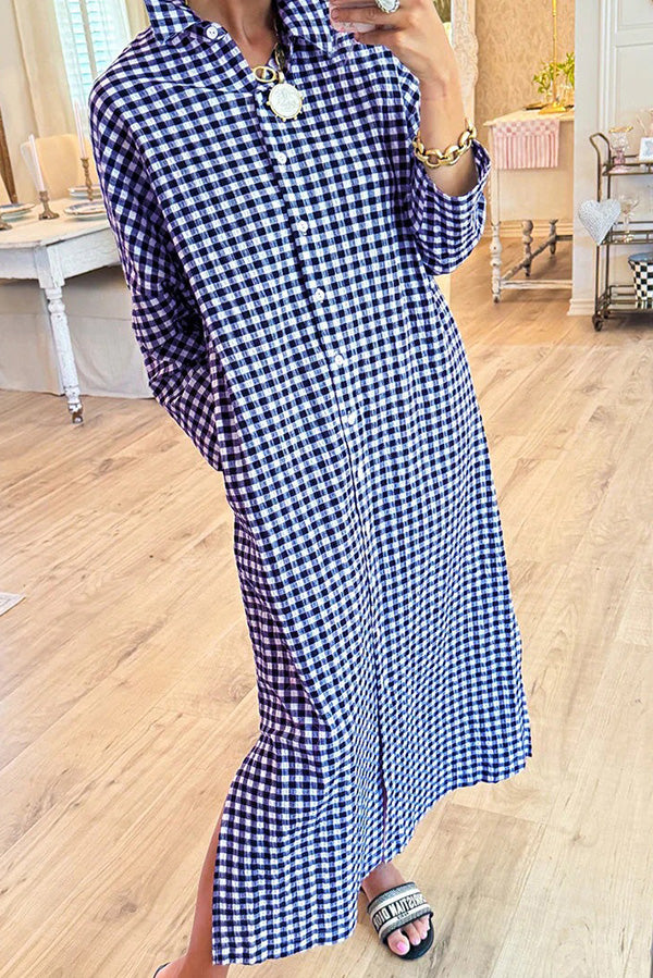 Gingham Plaid Button Down Maxi Dress