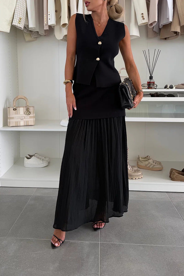 V-Neck Vest & Pleated Maxi Skirt Set