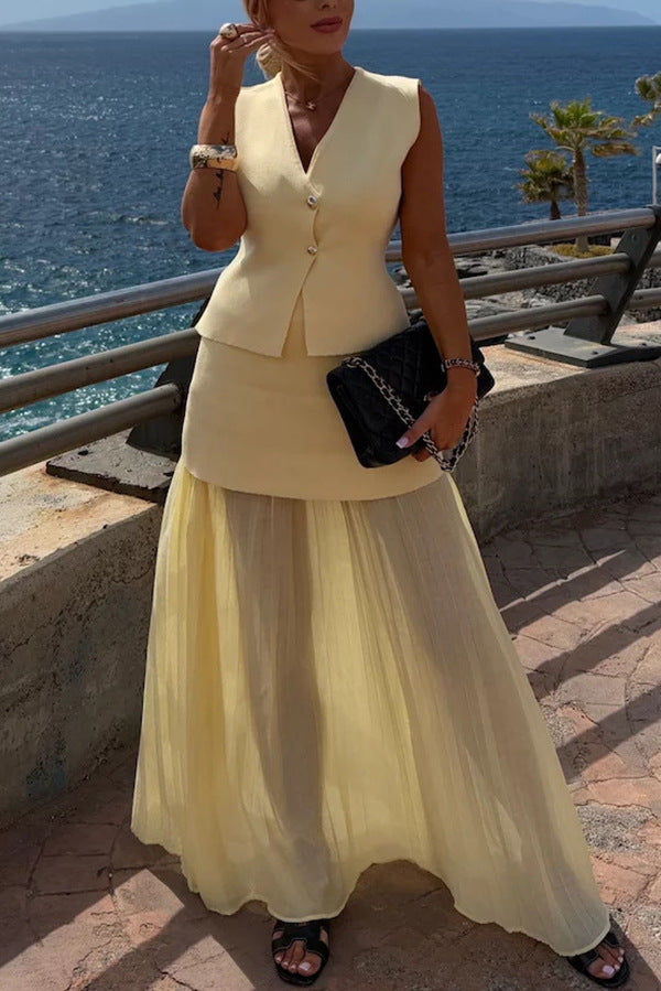 V-Neck Vest & Pleated Maxi Skirt Set