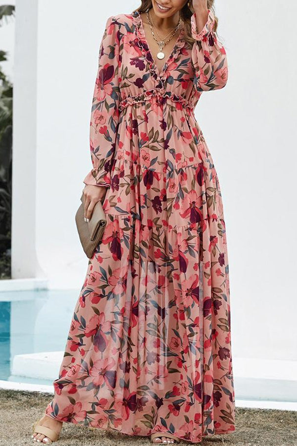 Floral V-Neck Ruffle Tiered Maxi Dress