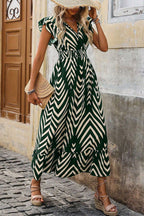 Chevron Print Flutter Sleeve Maxi Dress