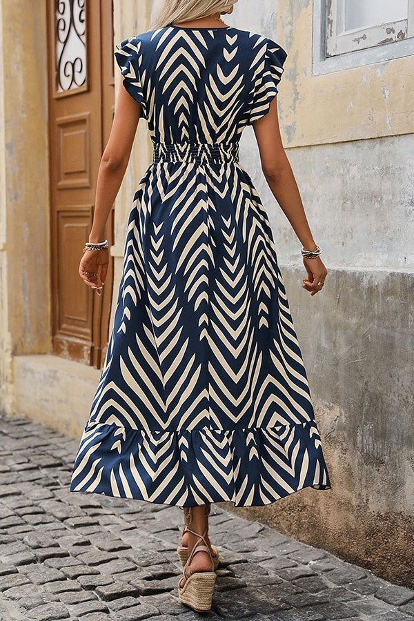 Chevron Print Flutter Sleeve Maxi Dress