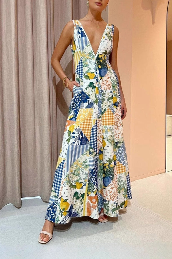 Patchwork Floral V-Neck Maxi Dress