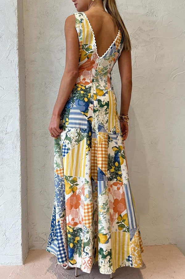 Patchwork Floral V-Neck Maxi Dress