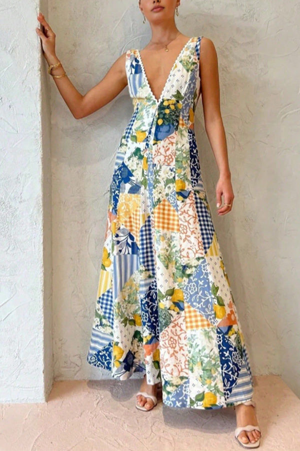 Patchwork Floral V-Neck Maxi Dress