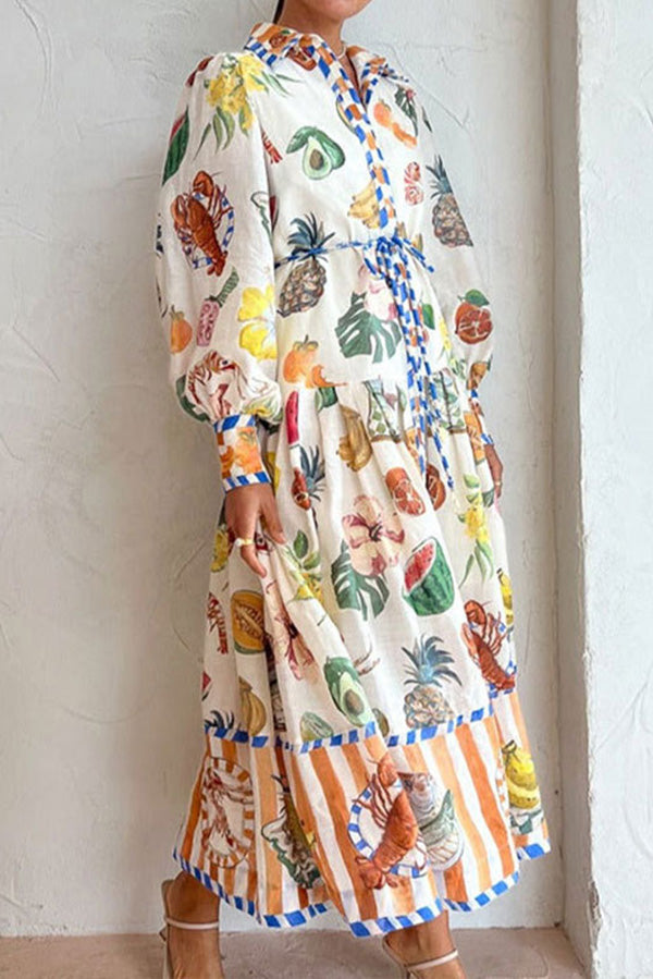 Fruit Print Tie-Waist Maxi Shirt Dress
