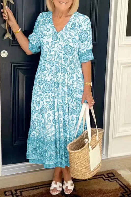 Floral V-Neck Tiered Midi Dress