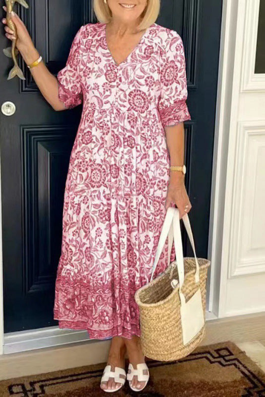 Floral V-Neck Tiered Midi Dress