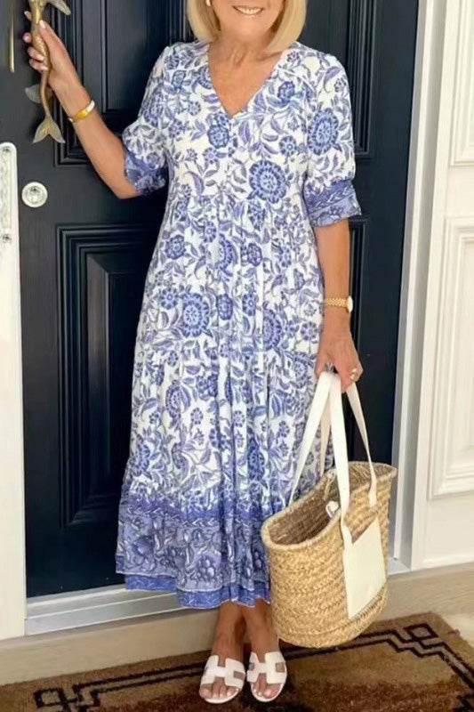 Floral V-Neck Tiered Midi Dress