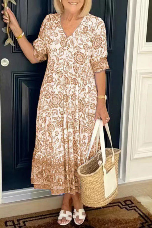 Floral V-Neck Tiered Midi Dress