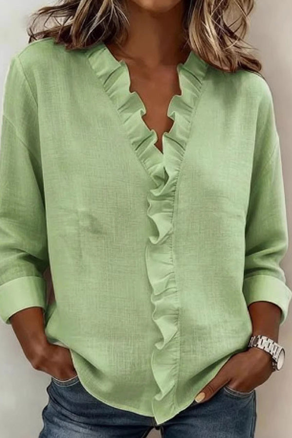 V-Neck Ruffle Long Sleeve Blouse