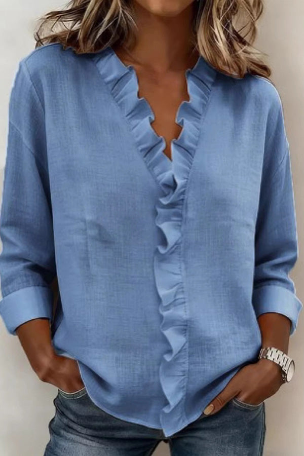 V-Neck Ruffle Long Sleeve Blouse