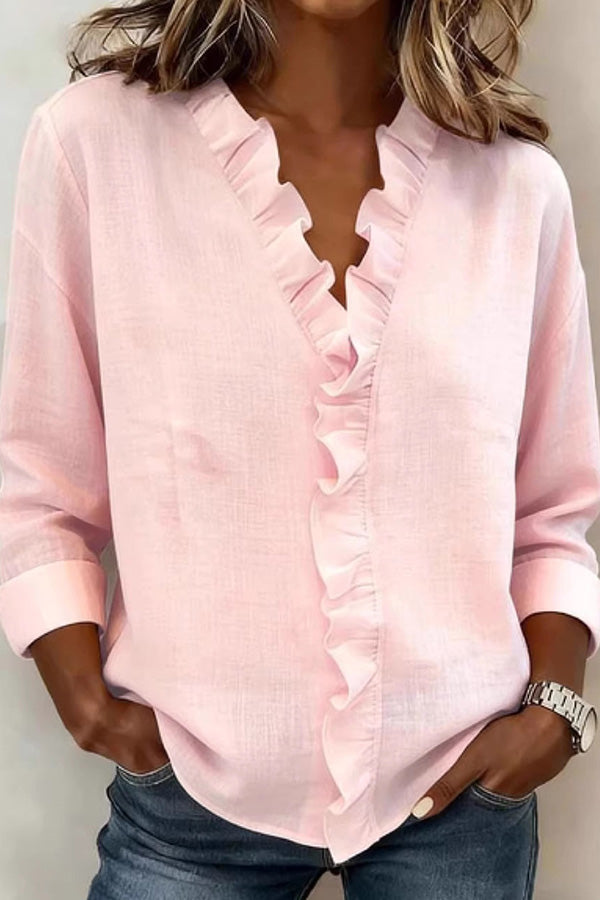 V-Neck Ruffle Long Sleeve Blouse