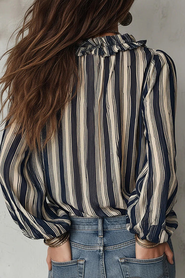 Boho Striped Ruffle V-Neck Blouse