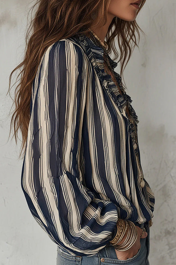 Boho Striped Ruffle V-Neck Blouse