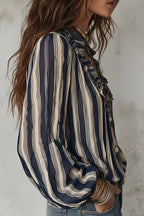 Boho Striped Ruffle V-Neck Blouse