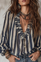 Boho Striped Ruffle V-Neck Blouse