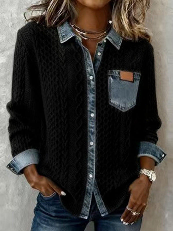Denim Patchwork Cable Knit Cardigan