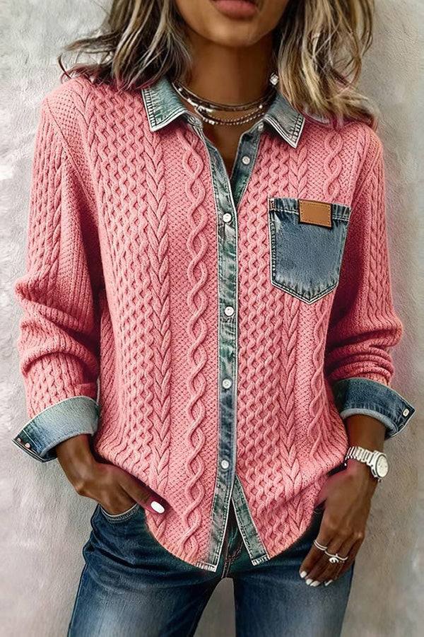 Denim Patchwork Cable Knit Cardigan