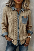 Denim Patchwork Cable Knit Cardigan