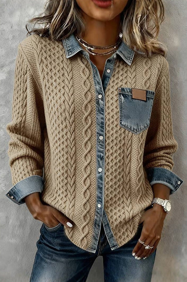 Denim Patchwork Cable Knit Cardigan