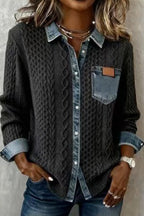 Denim Patchwork Cable Knit Cardigan