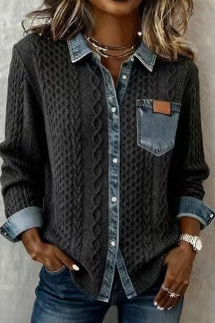 Denim Patchwork Cable Knit Cardigan