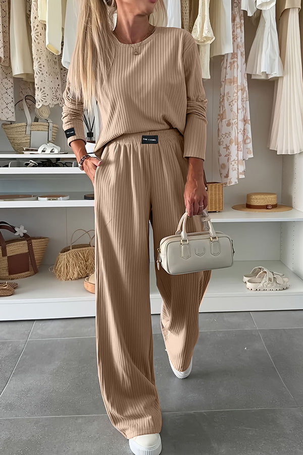 Rib-Knit Long Sleeve Top & Wide Leg Pants Set