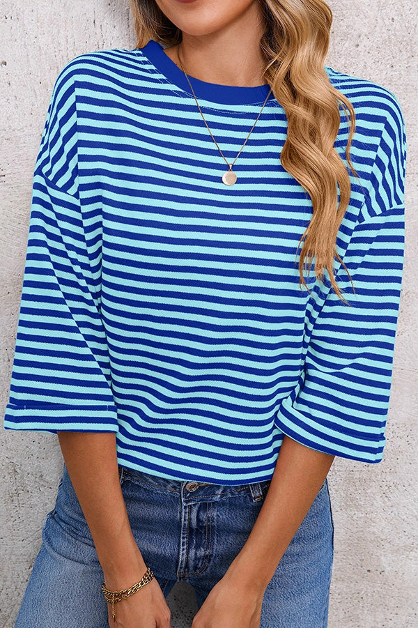 Striped Back Tie Cutout Crewneck Top