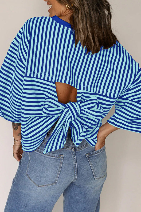 Striped Back Tie Cutout Crewneck Top