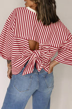 Striped Back Tie Cutout Crewneck Top