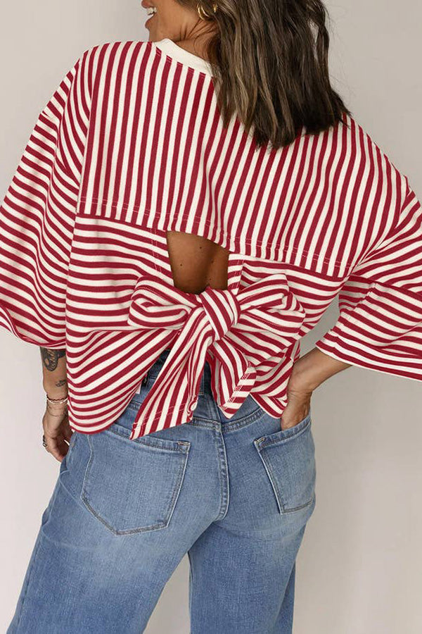 Striped Back Tie Cutout Crewneck Top
