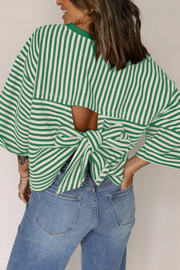 Striped Back Tie Cutout Crewneck Top