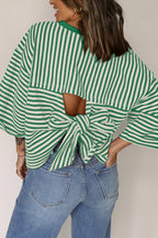Striped Back Tie Cutout Crewneck Top