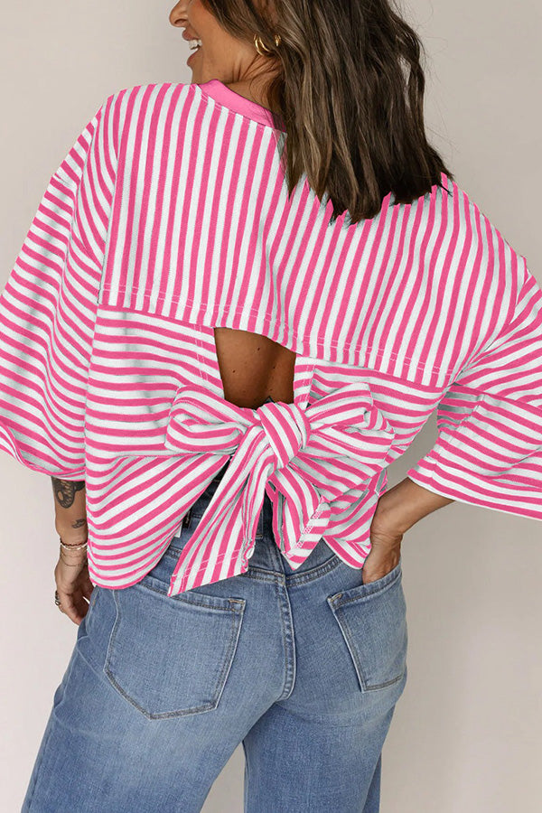 Striped Back Tie Cutout Crewneck Top