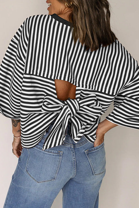 Striped Back Tie Cutout Crewneck Top