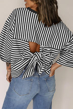 Striped Back Tie Cutout Crewneck Top