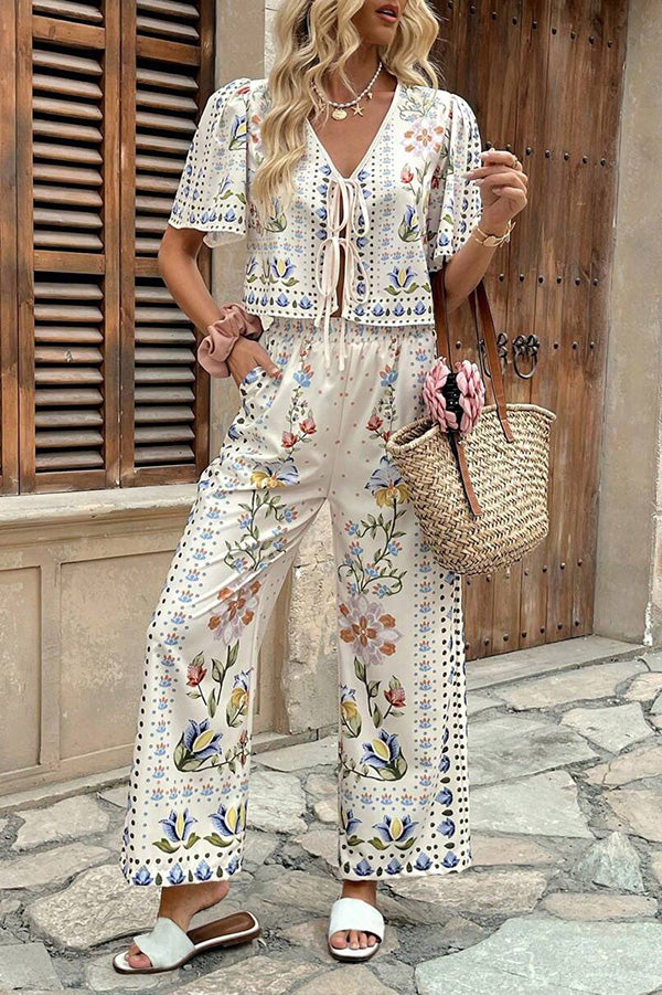 Floral Print Tie-Front Top & Pants Set