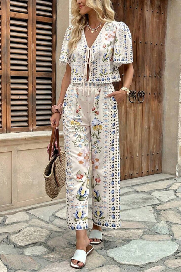 Floral Print Tie-Front Top & Pants Set