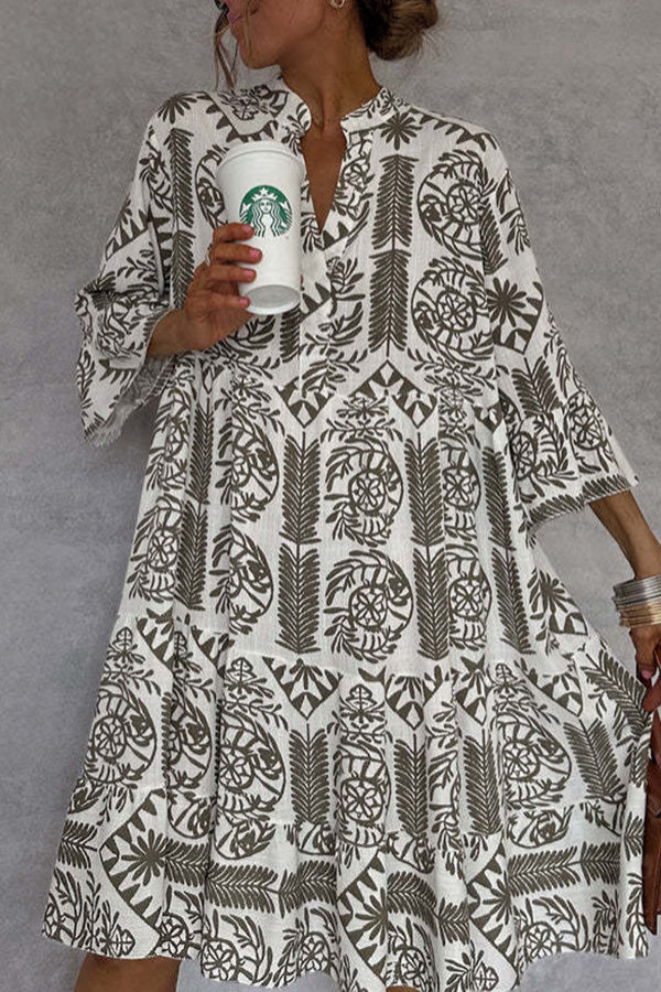Boho Printed V-Neck Tiered Midi Dress