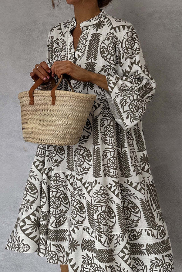 Boho Printed V-Neck Tiered Midi Dress