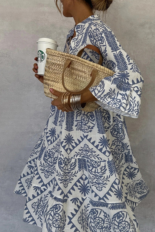 Boho Printed V-Neck Tiered Midi Dress