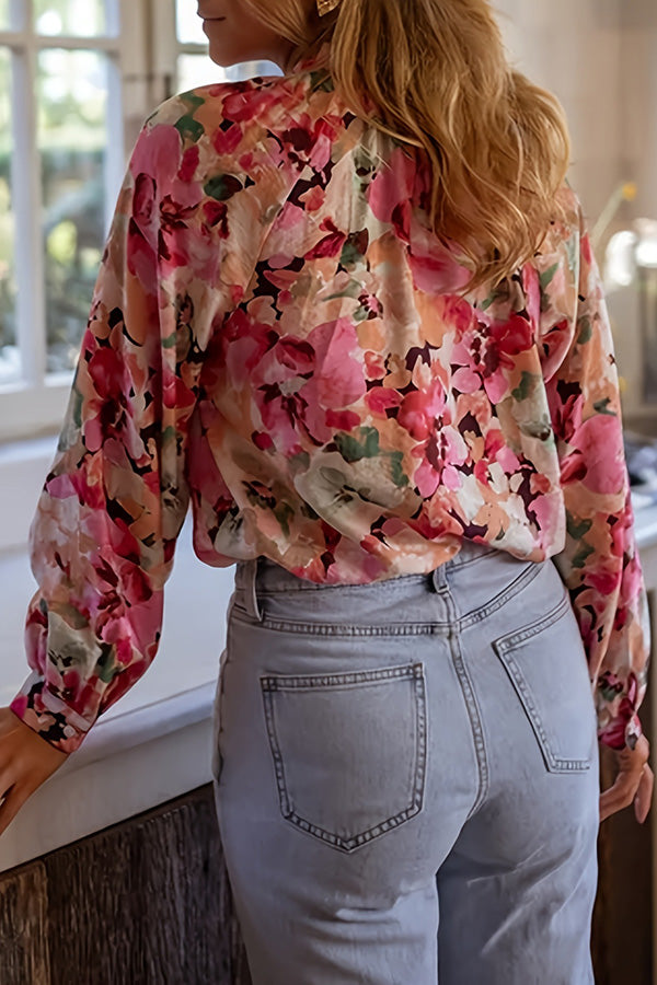 Floral Ruffle Trim Button Down Blouse